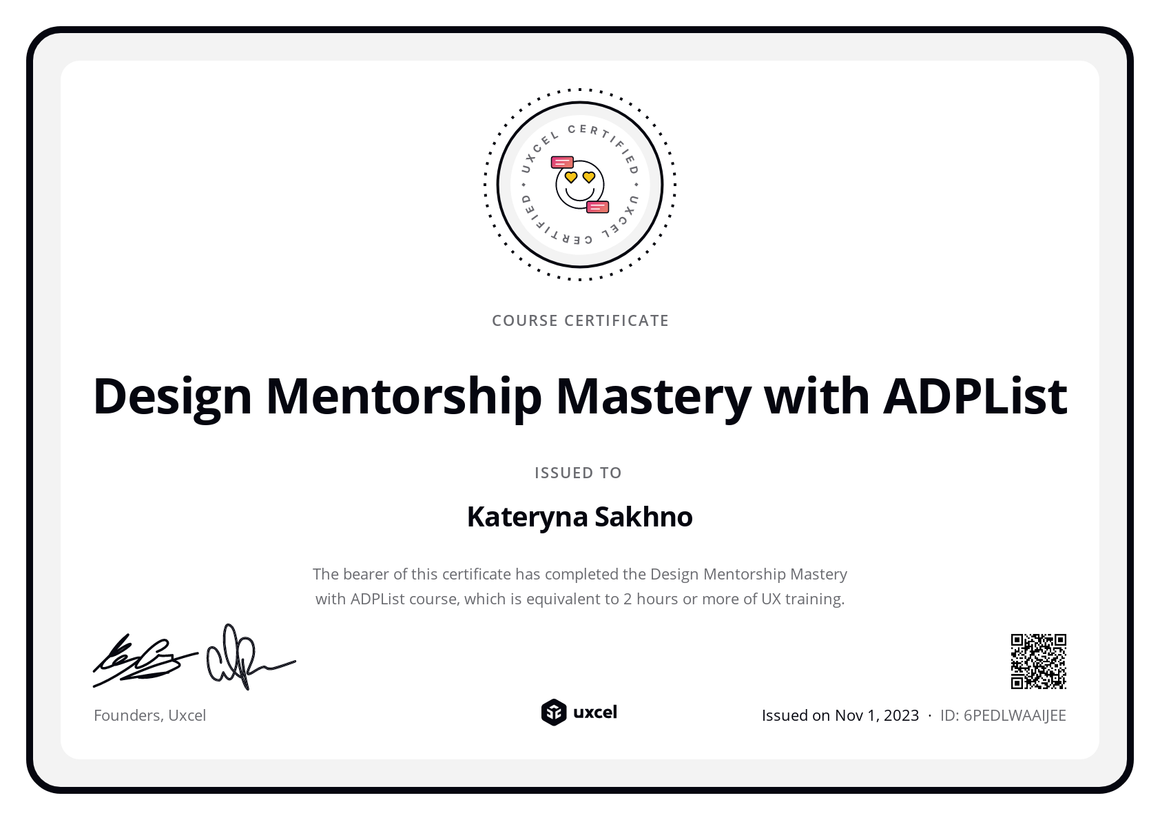 Kateryna Sakhno's certificate